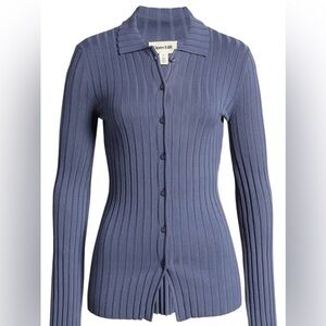 Open Edit Women's Blue Ribbed Cardigan